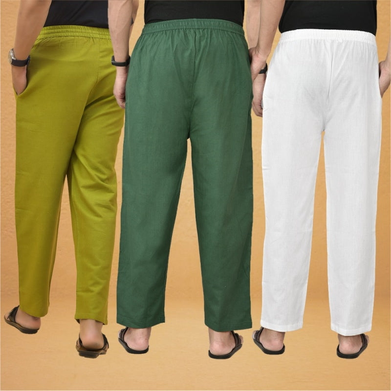 Combo of 3 Men Solid Cotton Flex Pant Bottle Green White and Olive Green-15564