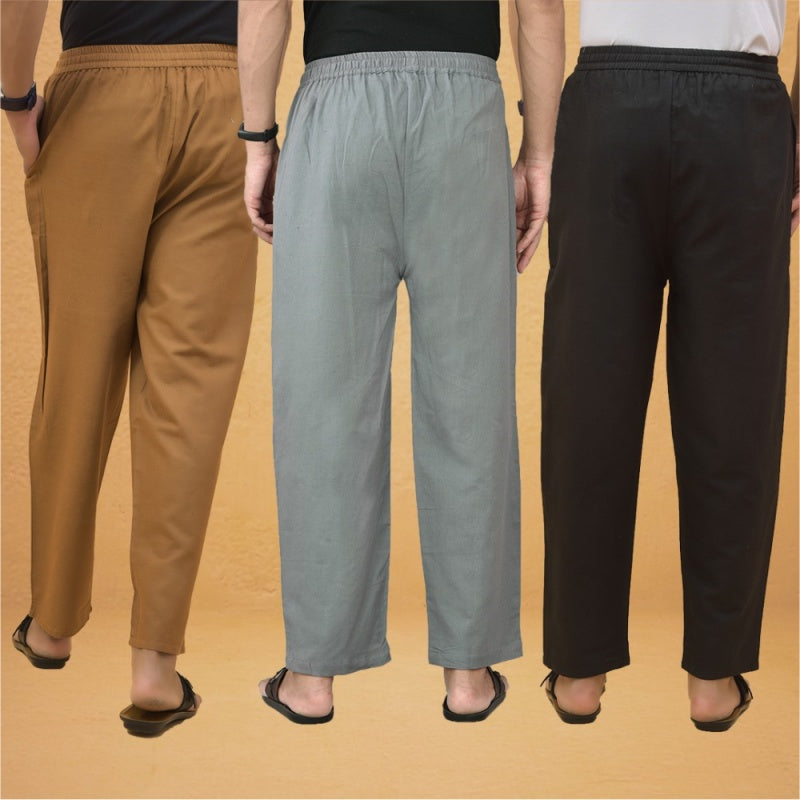 Combo of 3 Men Solid Cotton Flex Pant Gray Black and Brown-15580
