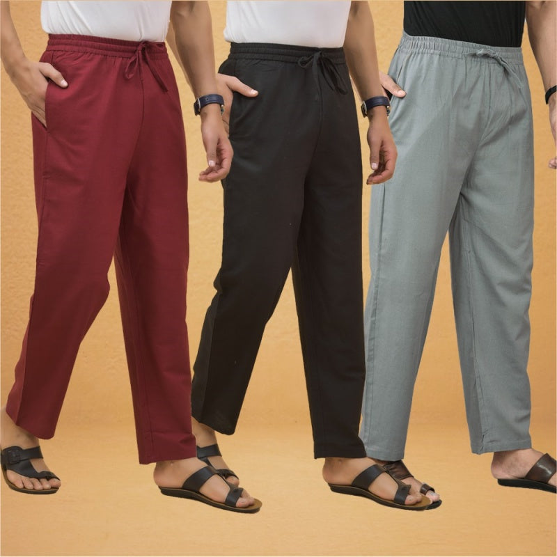 Combo of 3 Men Solid Cotton Flex Pant Gray Black and Maroon-15611