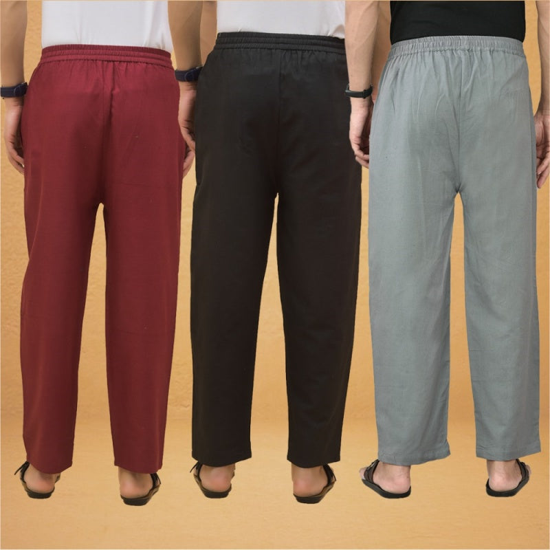 Combo of 3 Men Solid Cotton Flex Pant Gray Black and Maroon-15611