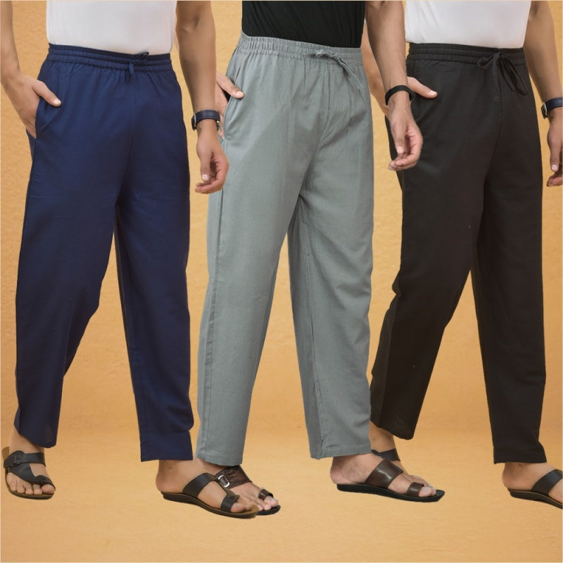 Combo of 3 Men Solid Cotton Flex Pant Gray Black and Navy Blue-15605