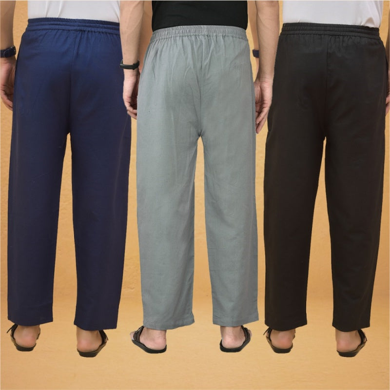 Combo of 3 Men Solid Cotton Flex Pant Gray Black and Navy Blue-15605