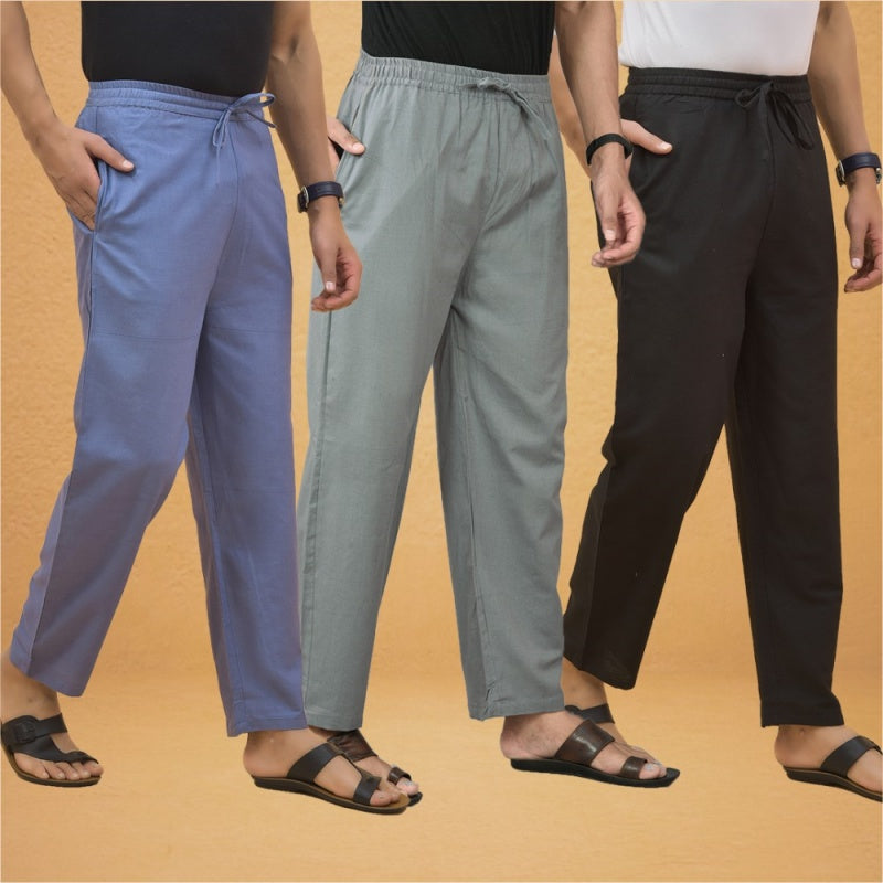 Combo of 3 Men Solid Cotton Flex Pant Gray Black and Sky Blue-15595