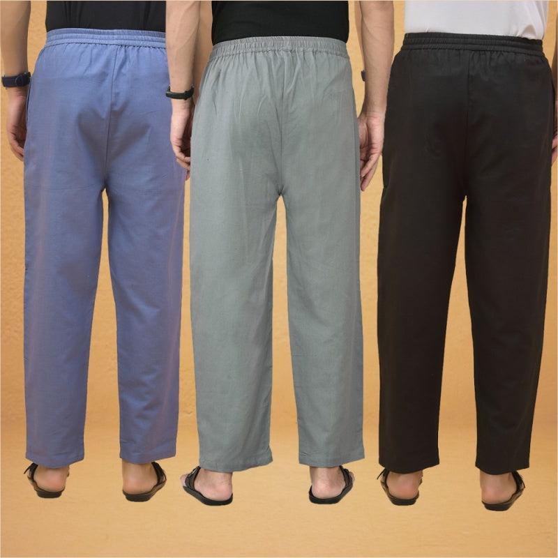 Combo of 3 Men Solid Cotton Flex Pant Gray Black and Sky Blue-15595