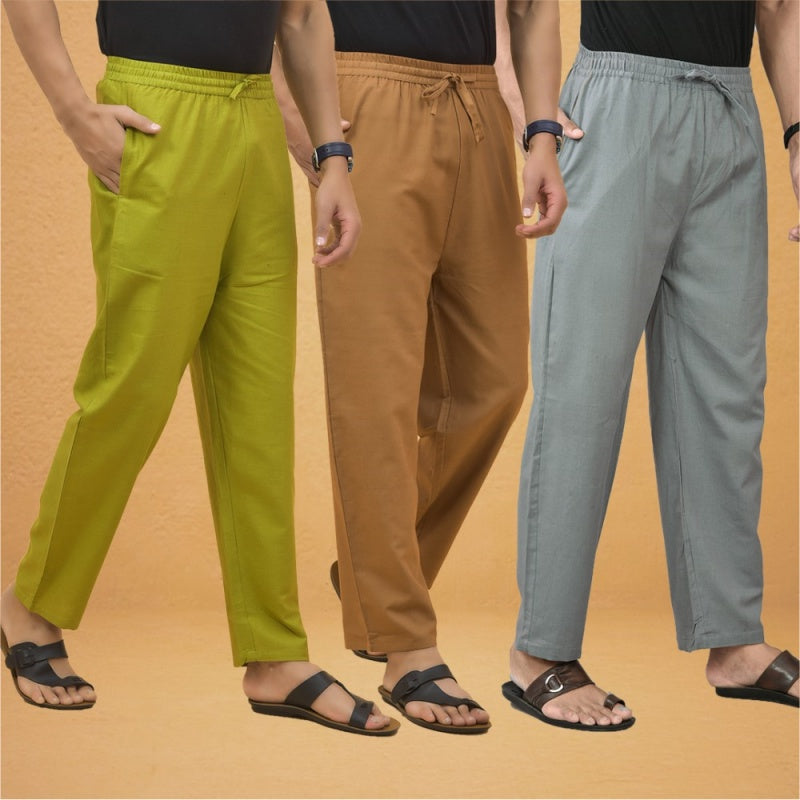Combo of 3 Men Solid Cotton Flex Pant Gray Brown and Olive Green-15541