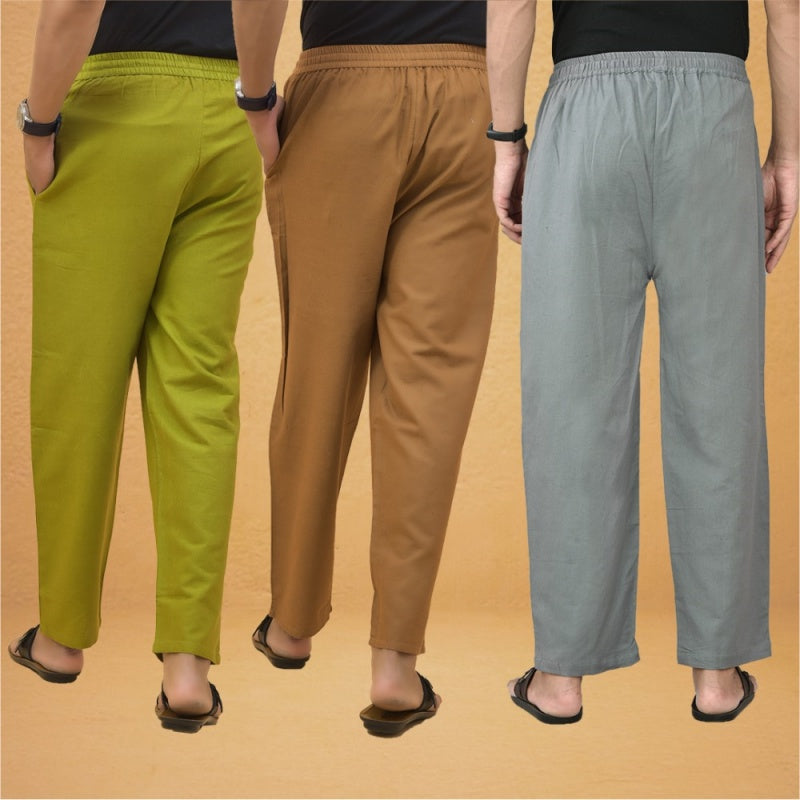 Combo of 3 Men Solid Cotton Flex Pant Gray Brown and Olive Green-15541