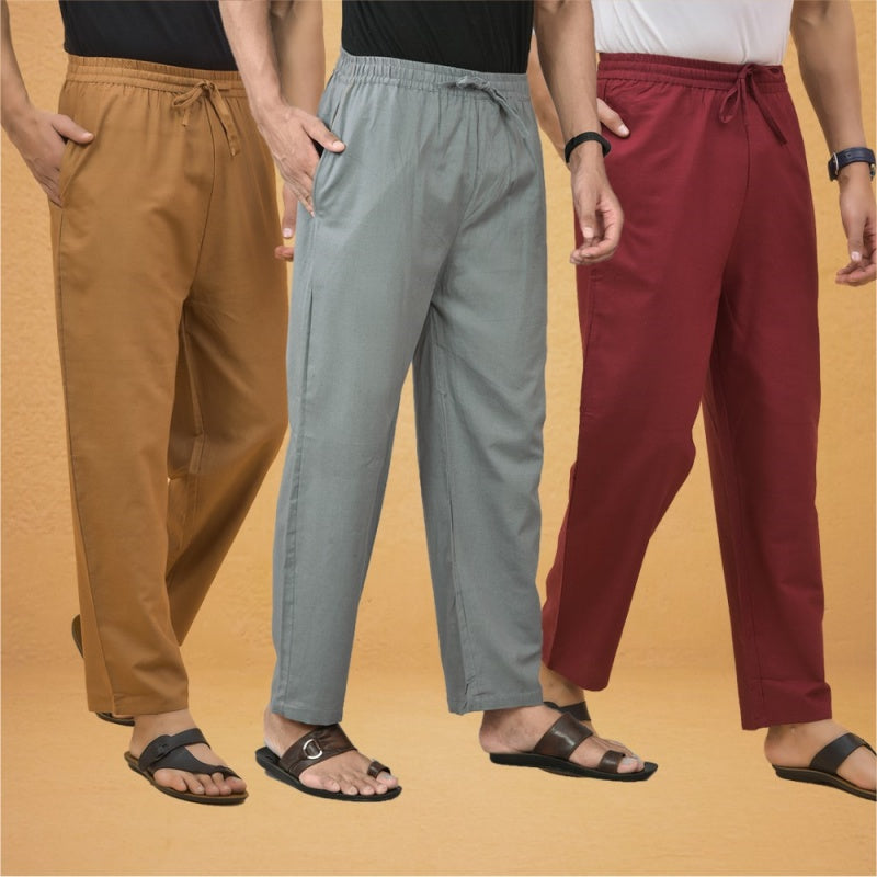 Combo of 3 Men Solid Cotton Flex Pant Gray Maroon and Brown-15577