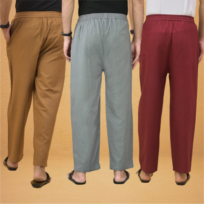 Combo of 3 Men Solid Cotton Flex Pant Gray Maroon and Brown-15577