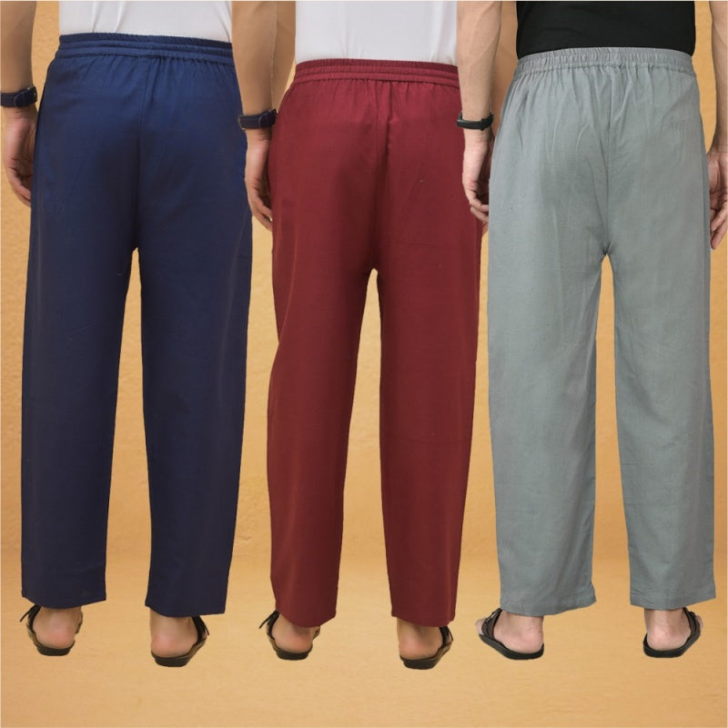 Combo of 3 Men Solid Cotton Flex Pant Gray Maroon and Navy Blue-15602