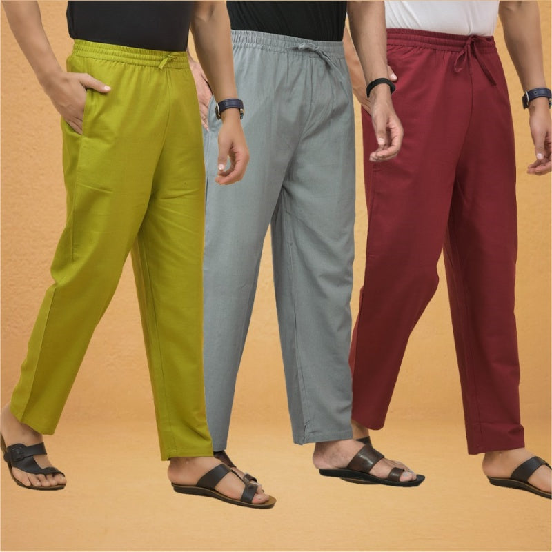 Combo of 3 Men Solid Cotton Flex Pant Gray Maroon and Olive Green-15556