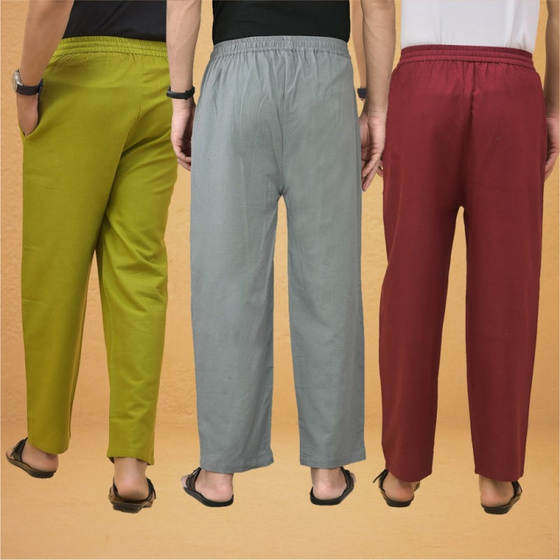 Combo of 3 Men Solid Cotton Flex Pant Gray Maroon and Olive Green-15556