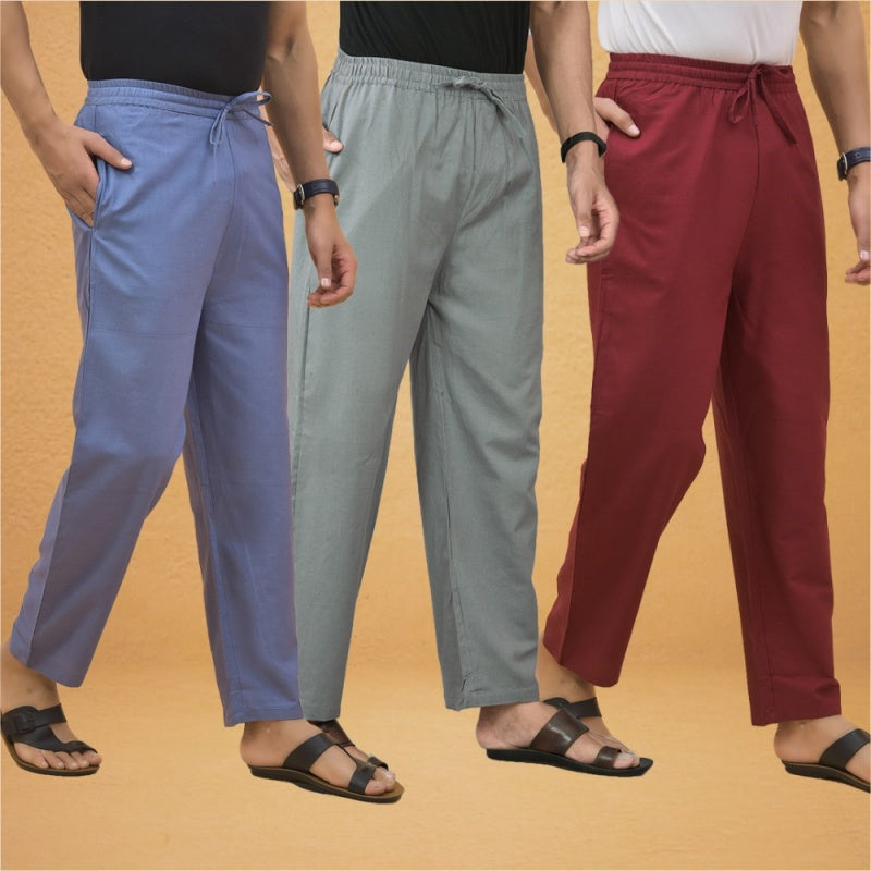 Combo of 3 Men Solid Cotton Flex Pant Gray Maroon and Sky Blue-15592