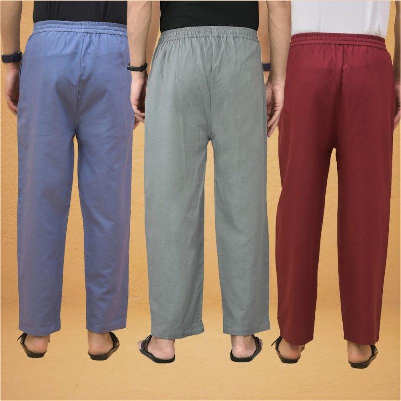 Combo of 3 Men Solid Cotton Flex Pant Gray Maroon and Sky Blue-15592