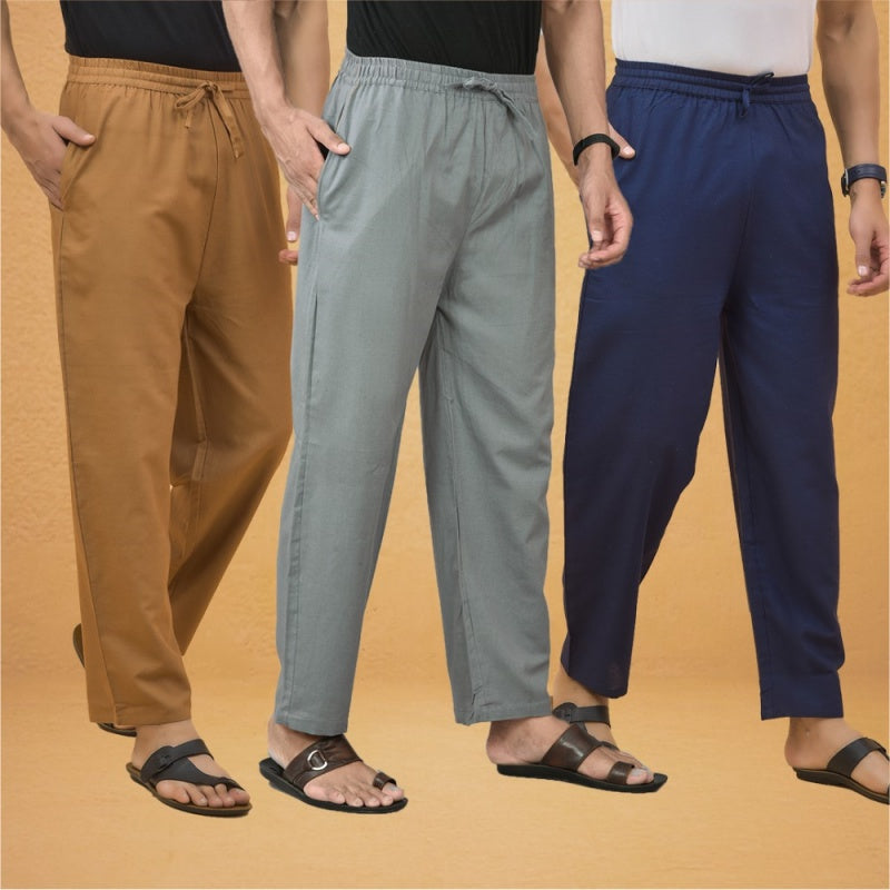 Combo of 3 Men Solid Cotton Flex Pant Gray Navy Blue and Brown-15573