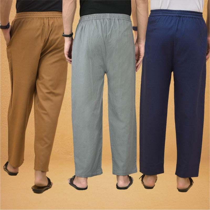 Combo of 3 Men Solid Cotton Flex Pant Gray Navy Blue and Brown-15573
