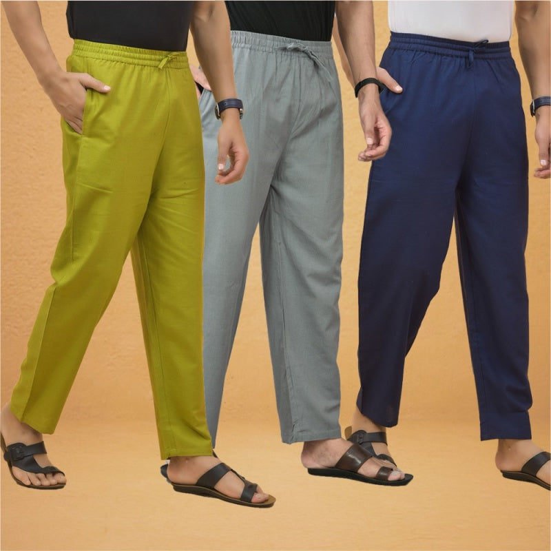 Combo of 3 Men Solid Cotton Flex Pant Gray Navy Blue and Olive Green-15552