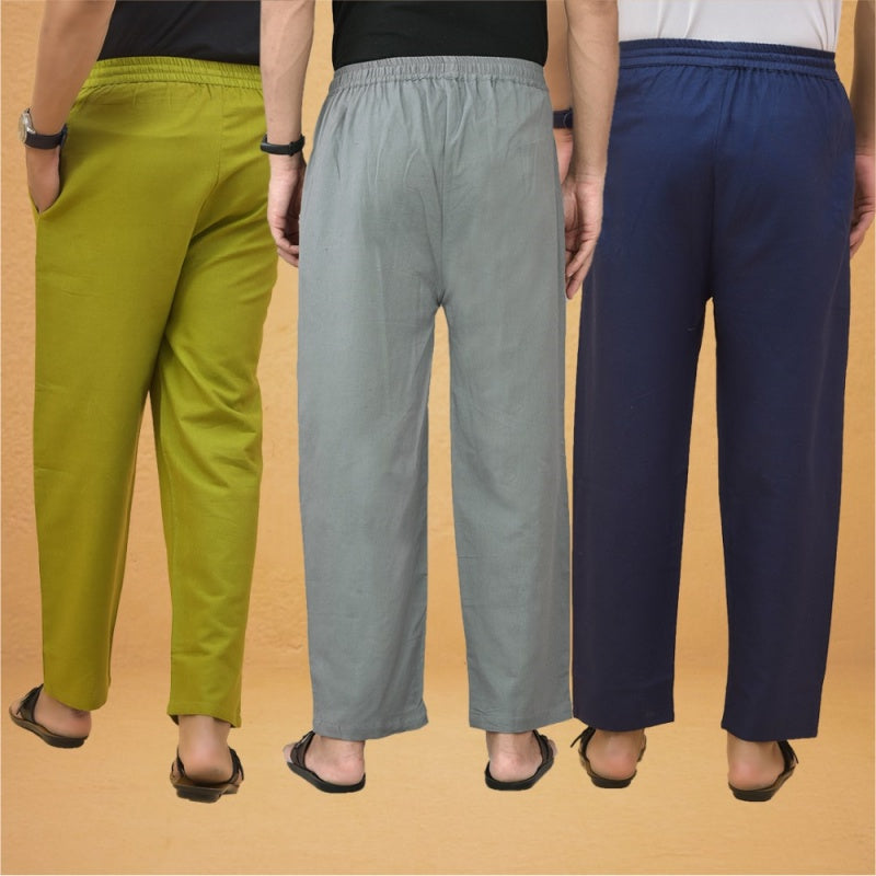 Combo of 3 Men Solid Cotton Flex Pant Gray Navy Blue and Olive Green-15552
