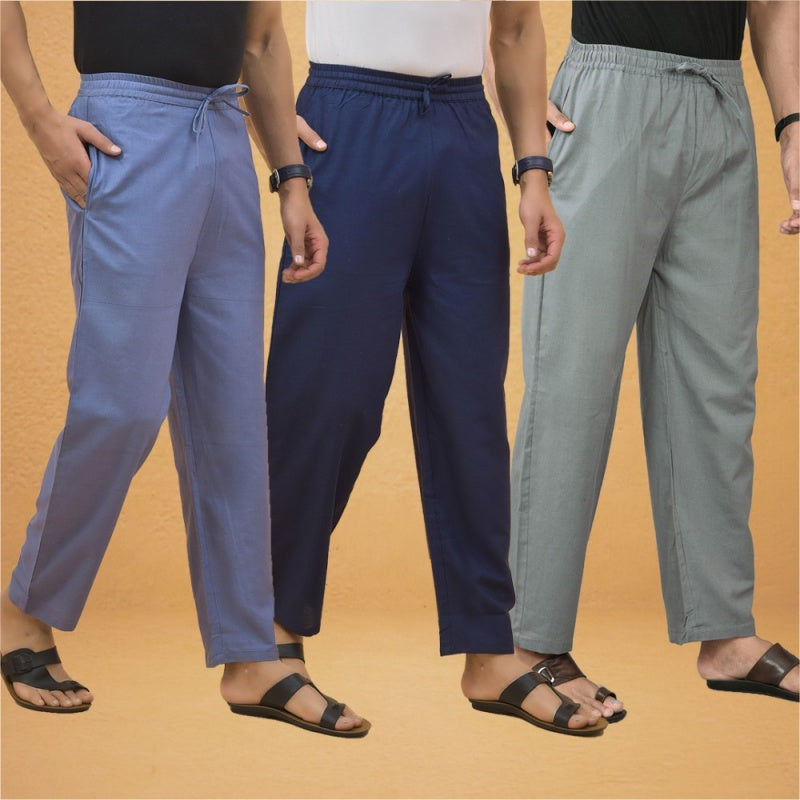 Combo of 3 Men Solid Cotton Flex Pant Gray Navy Blue and Sky Blue-15588