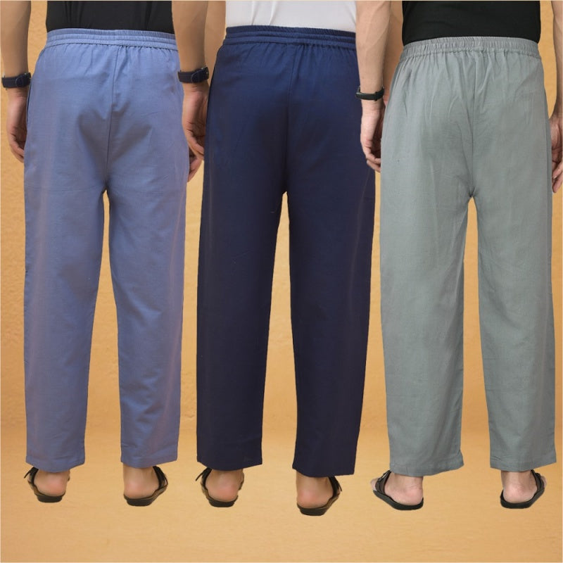 Combo of 3 Men Solid Cotton Flex Pant Gray Navy Blue and Sky Blue-15588