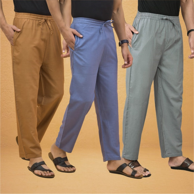 Combo of 3 Men Solid Cotton Flex Pant Gray Sky Blue and Brown-15568