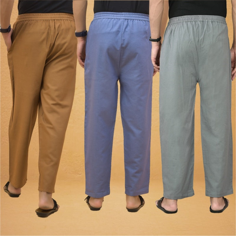 Combo of 3 Men Solid Cotton Flex Pant Gray Sky Blue and Brown-15568