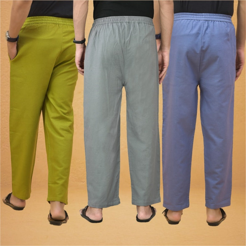 Combo of 3 Men Solid Cotton Flex Pant Gray Sky Blue and Olive Green-15547