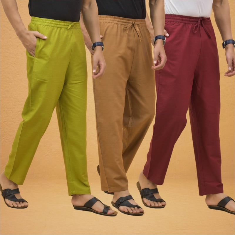 Combo of 3 Men Solid Cotton Flex Pant Maroon Brown and Olive Green-15539