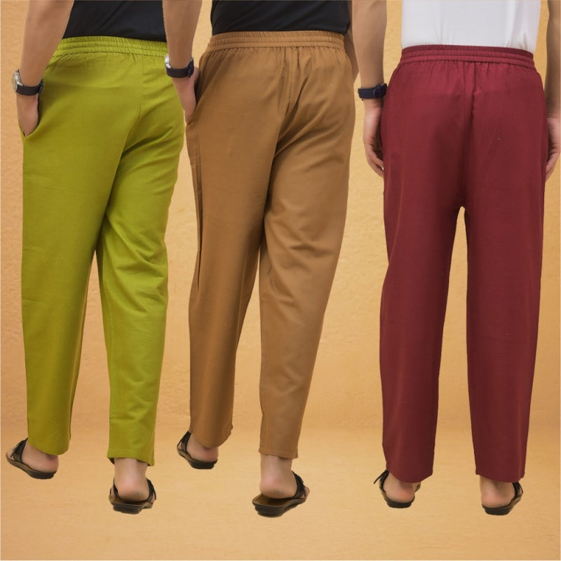 Combo of 3 Men Solid Cotton Flex Pant Maroon Brown and Olive Green-15539