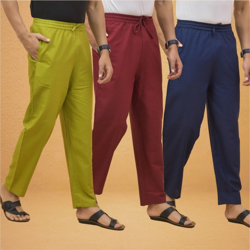 Combo of 3 Men Solid Cotton Flex Pant Maroon Navy Blue and Olive-15550