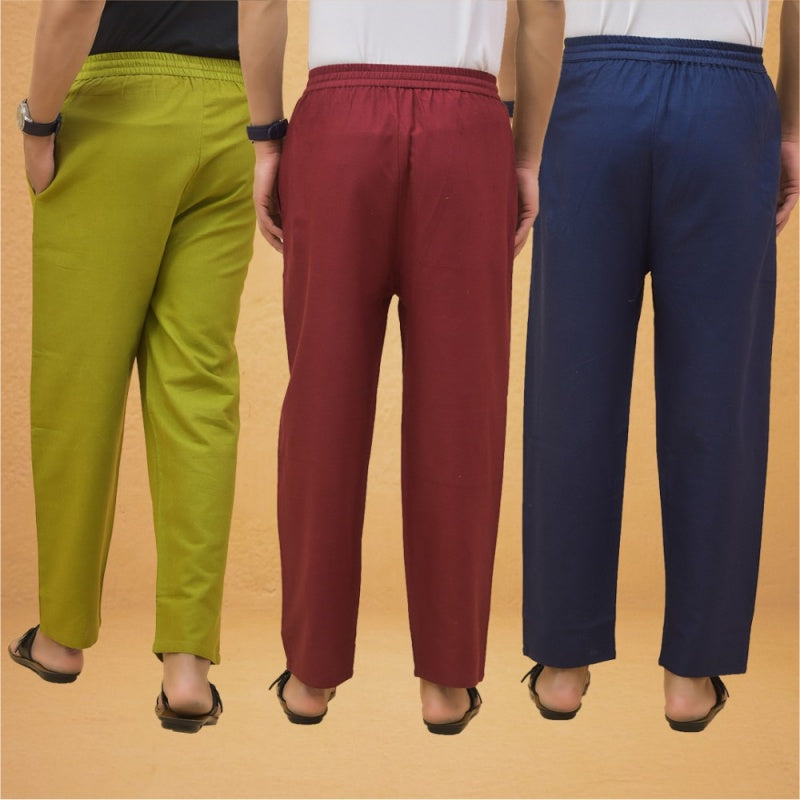 Combo of 3 Men Solid Cotton Flex Pant Maroon Navy Blue and Olive-15550