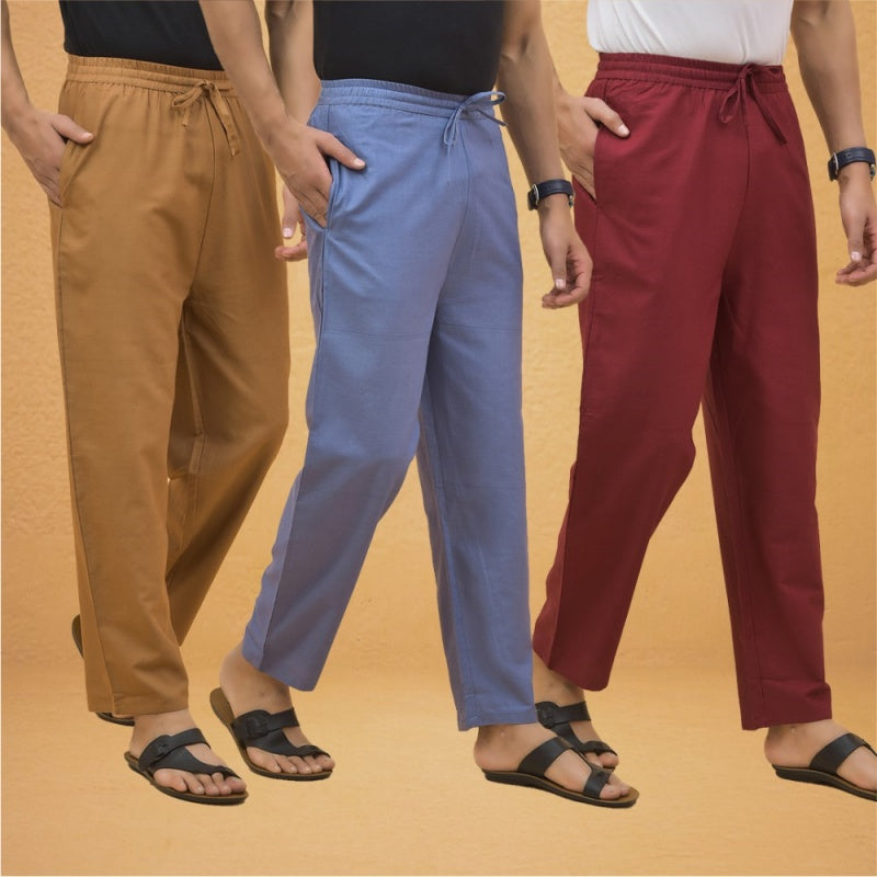 Combo of 3 Men Solid Cotton Flex Pant Maroon Sky Blue and Brown-15566