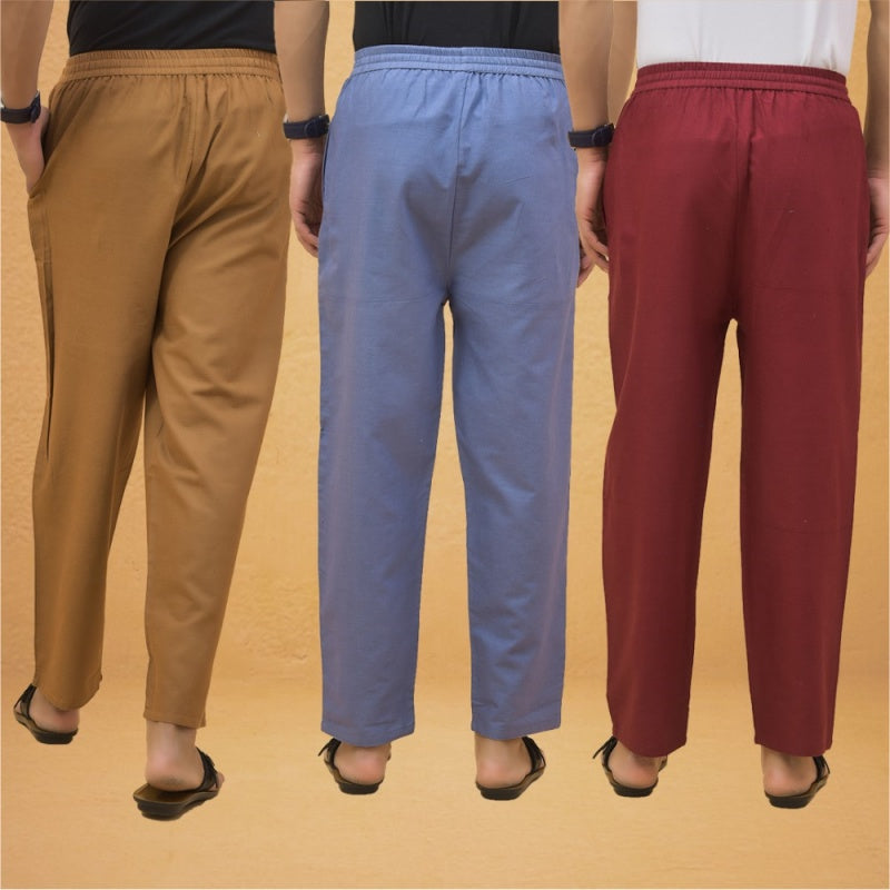 Combo of 3 Men Solid Cotton Flex Pant Maroon Sky Blue and Brown-15566