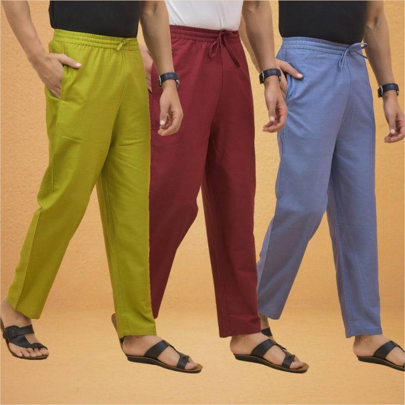 Combo of 3 Men Solid Cotton Flex Pant Maroon Sky Blue and Olive Green-15545