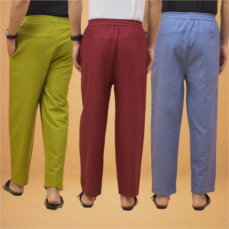 Combo of 3 Men Solid Cotton Flex Pant Maroon Sky Blue and Olive Green-15545