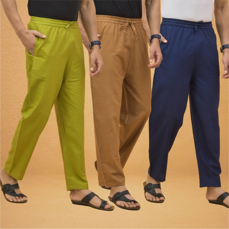 Combo of 3 Men Solid Cotton Flex Pant Navy Blue Brown and Olive Green-15538