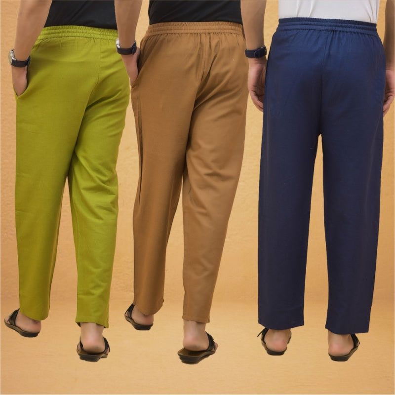 Combo of 3 Men Solid Cotton Flex Pant Navy Blue Brown and Olive Green-15538