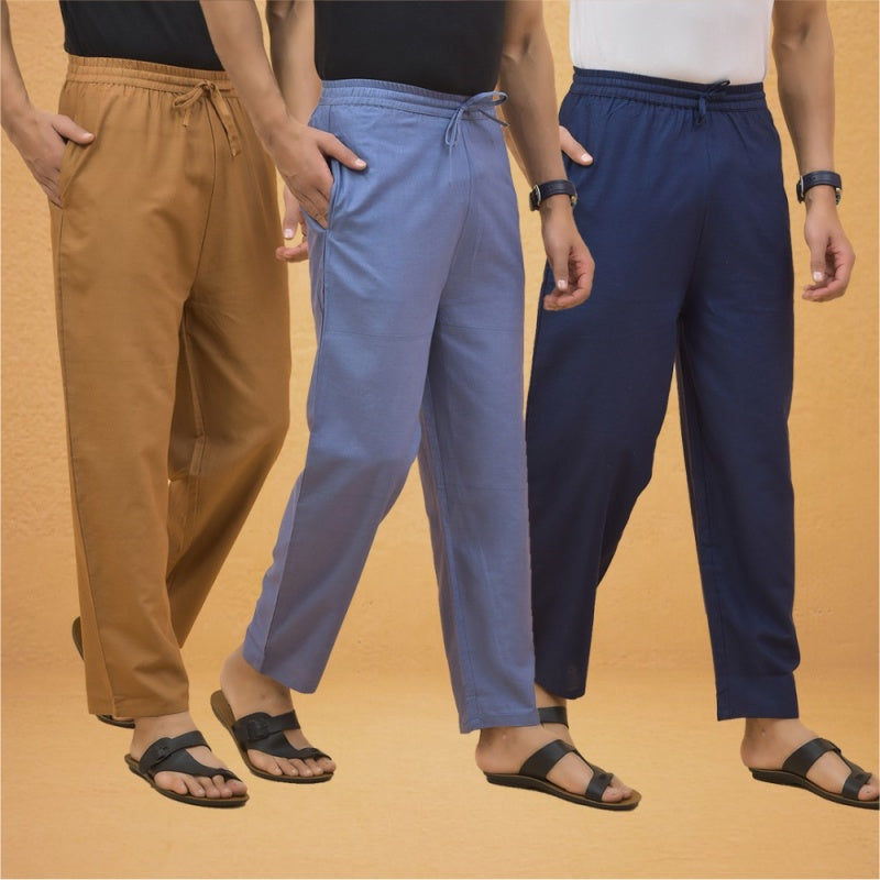 Combo of 3 Men Solid Cotton Flex Pant Navy Blue Sky Blue and Brown-15565