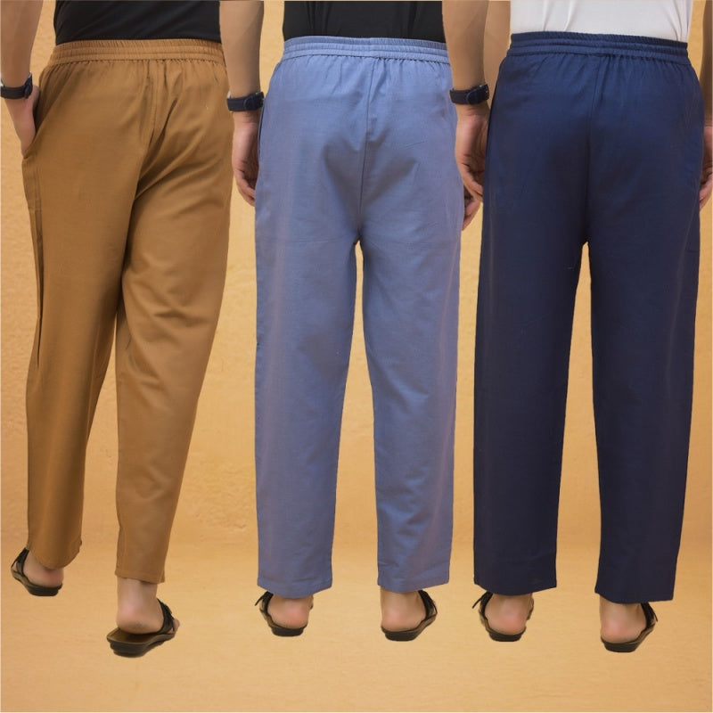 Combo of 3 Men Solid Cotton Flex Pant Navy Blue Sky Blue and Brown-15565
