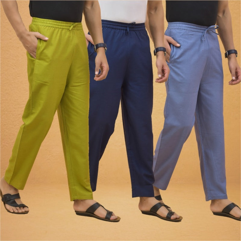 Combo of 3 Men Solid Cotton Flex Pant Navy Blue Sky Blue and Olive Green-15544