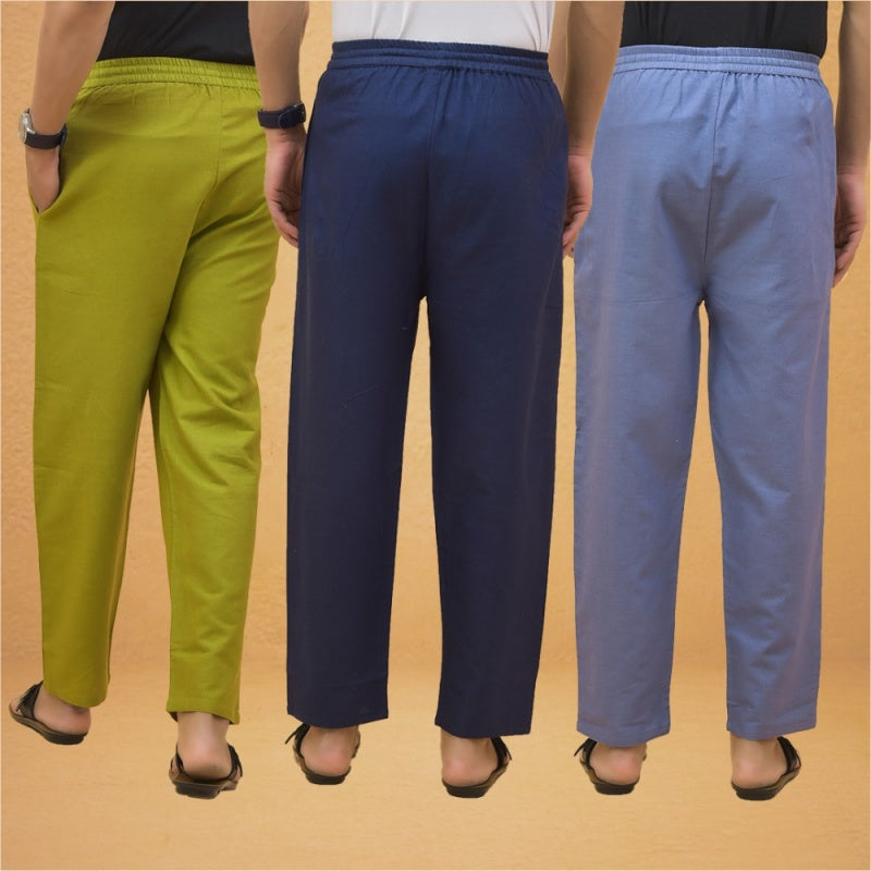 Combo of 3 Men Solid Cotton Flex Pant Navy Blue Sky Blue and Olive Green-15544