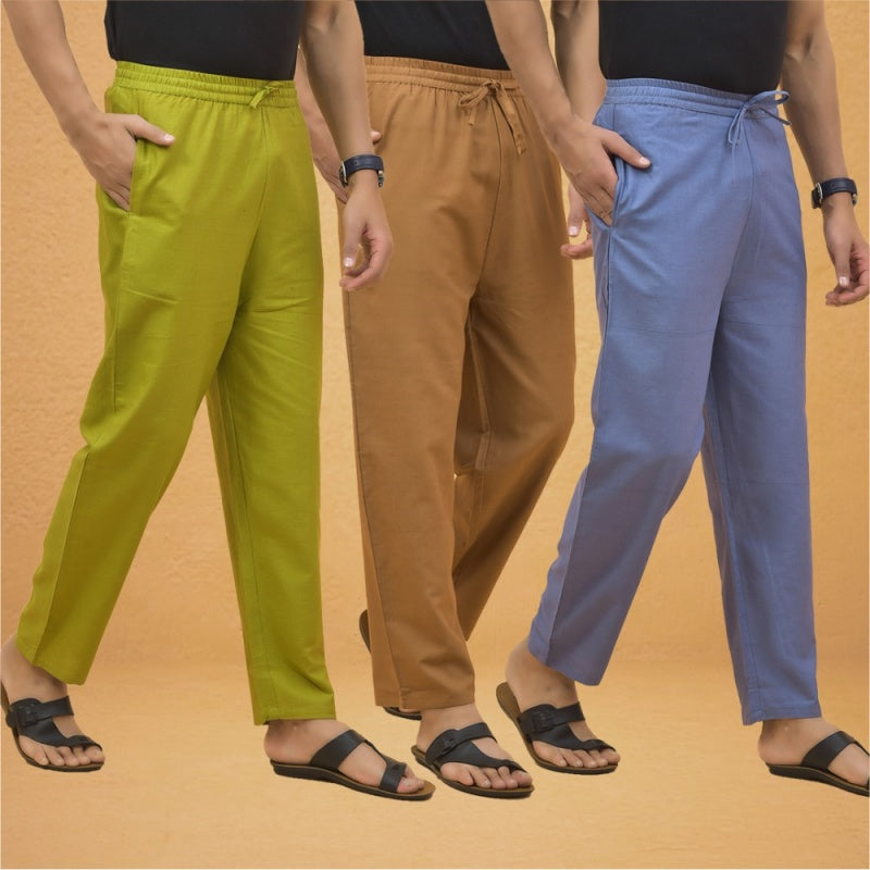 Combo of 3 Men Solid Cotton Flex Pant Sky Blue Brown and Olive Green-15537