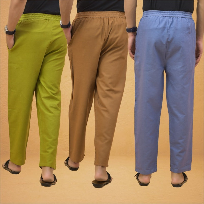 Combo of 3 Men Solid Cotton Flex Pant Sky Blue Brown and Olive Green-15537