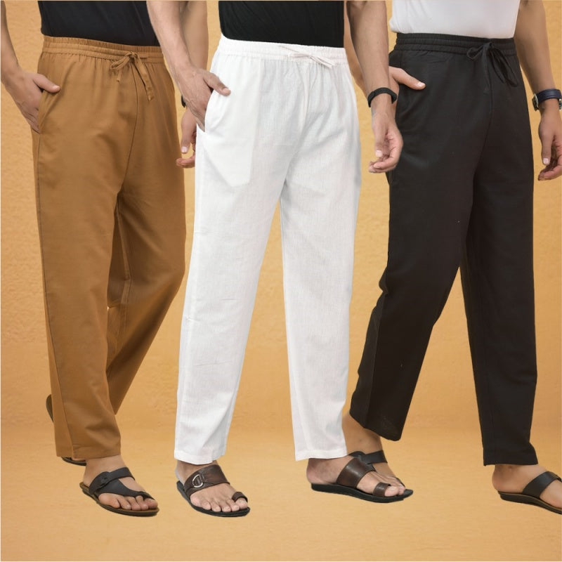 Combo of 3 Men Solid Cotton Flex Pant White Black and Brown-15581