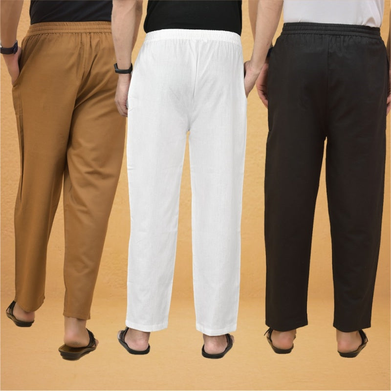 Combo of 3 Men Solid Cotton Flex Pant White Black and Brown-15581