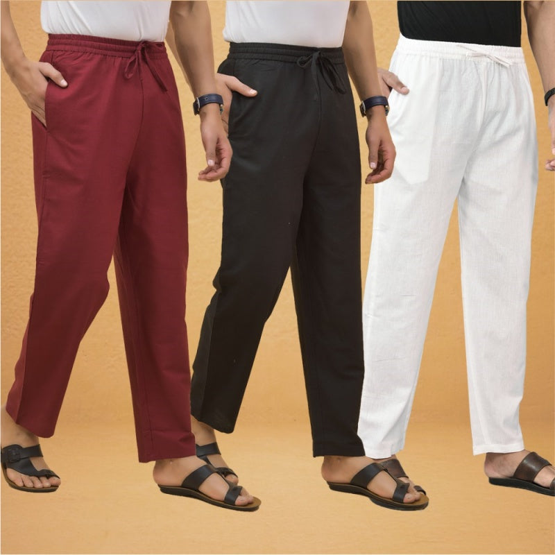 Combo of 3 Men Solid Cotton Flex Pant White Black and Maroon-15612
