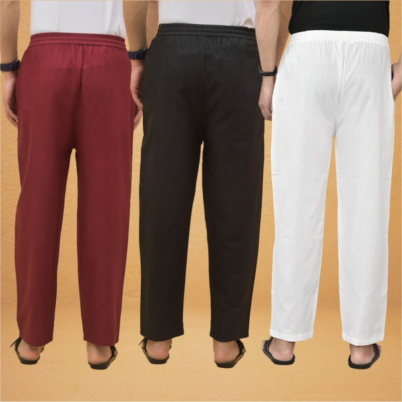 Combo of 3 Men Solid Cotton Flex Pant White Black and Maroon-15612
