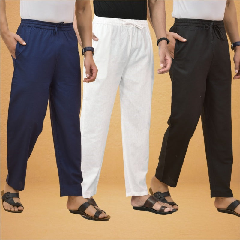 Combo of 3 Men Solid Cotton Flex Pant White Black and Navy Blue-15606