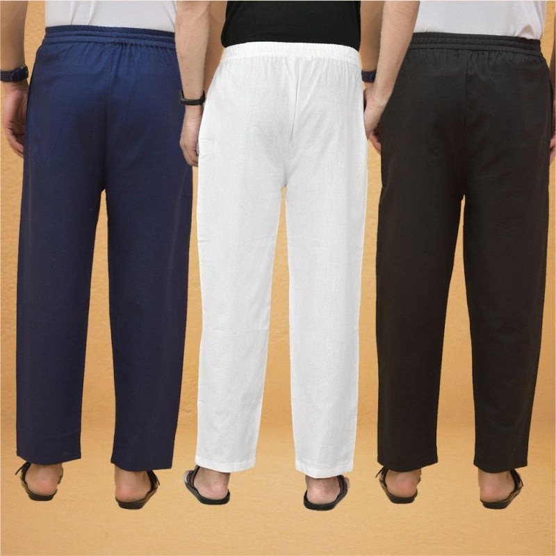 Combo of 3 Men Solid Cotton Flex Pant White Black and Navy Blue-15606