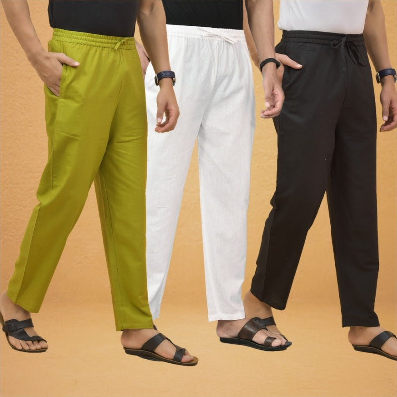 Combo of 3 Men Solid Cotton Flex Pant White Black and Olive Green-15560