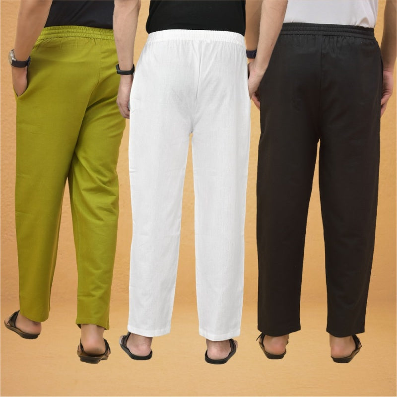 Combo of 3 Men Solid Cotton Flex Pant White Black and Olive Green-15560
